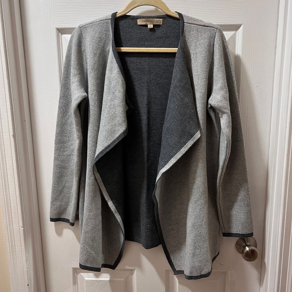 Lineamaglia Open Front Draped Cardigan Contrast Trim Gray‎ Casual Piece-M